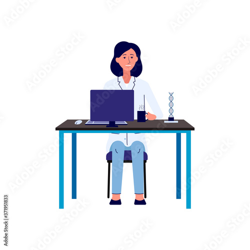 Female scientist at work flat cartoon character vector illustration isolated.