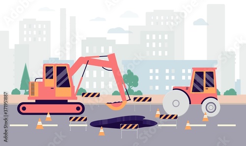 Highway hole repair roadwork banner - industrial machinery and pothole