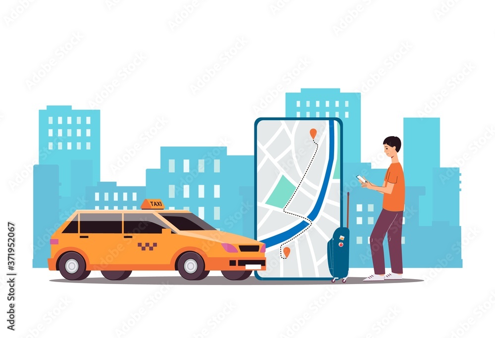 Online taxi service app - flat banner with cartoon man looking at car map route Online taxi service app - flat banner with cartoon man looking at car map route