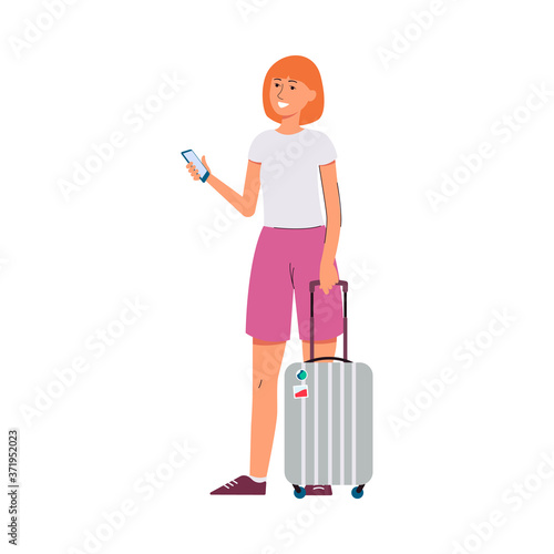 Traveling woman with suitcase and smartphone flat vector illustration isolated.
