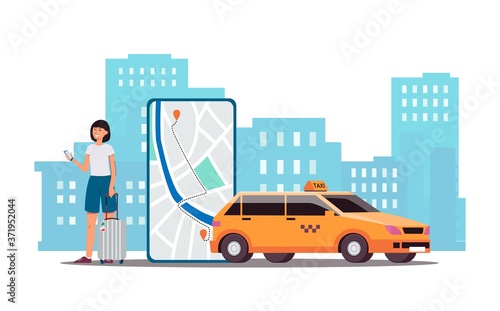 Cartoon woman calling taxi service via phone app, yellow car and cityscape © sabelskaya