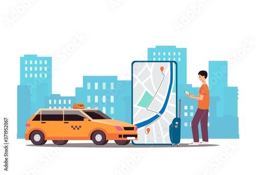 Online taxi service app - flat banner with cartoon man looking at car map route