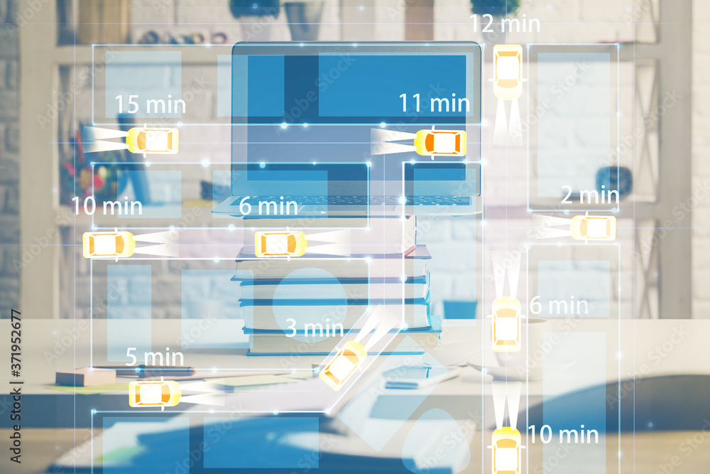 Desktop computer background in office with automobile hologram drawing. Multi exposure. Tech concept. Desktop computer background in office with automobile hologram drawing. Multi exposure. Tech concept.