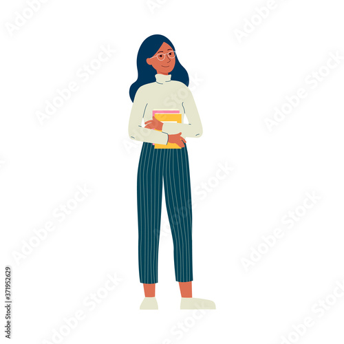 Cartoon girl holding books and smiling - female college student in glasses