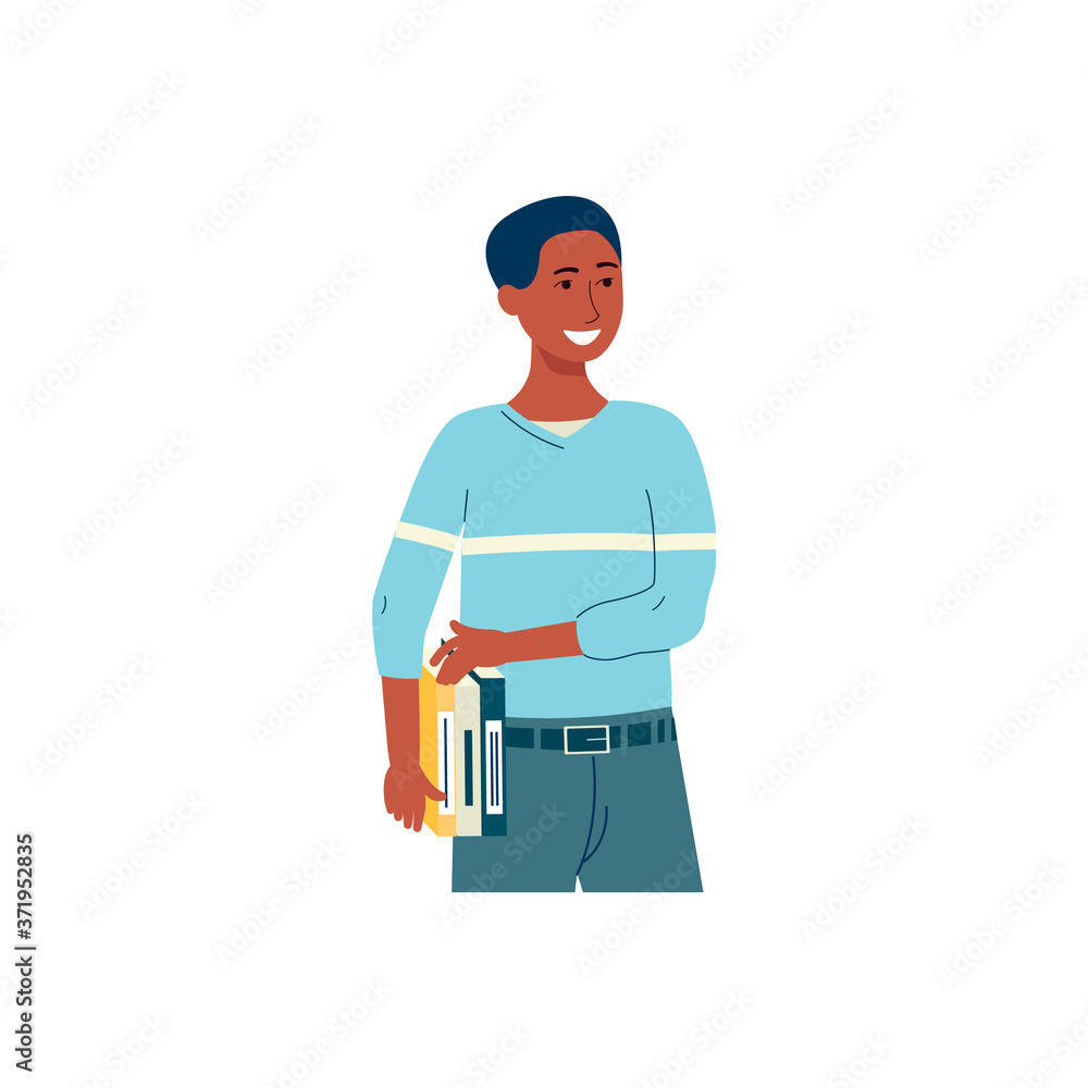 Cartoon man with dark skin holding stack of textbooks and smiling