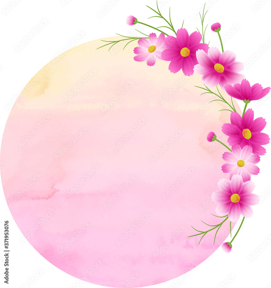 ピンクのグラデーションのコスモスの丸フレーム リース イエローピンクの水彩の背景 秋イメージ Stock Illustration Adobe Stock