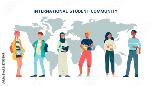 International students community young people flat vector illustration isolated.