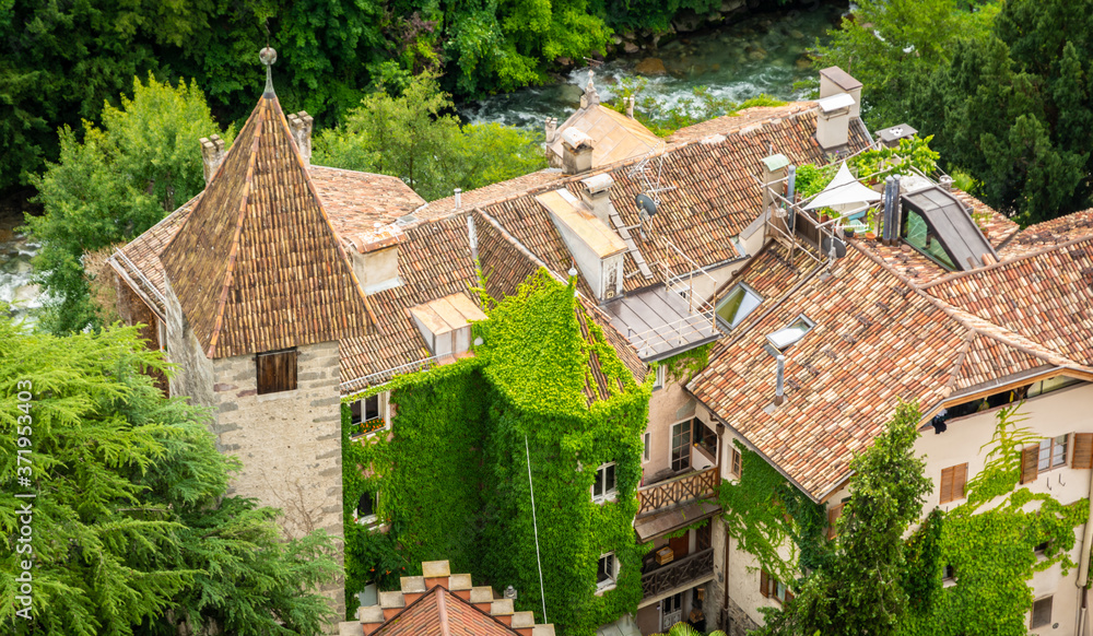 Merano (Meran) in South Tyrol - Trentino Alto Adige - northern Italy. top view of the historic house of the old city Merano (Meran) in South Tyrol - Trentino Alto Adige - northern Italy. top view of the historic house of the old city