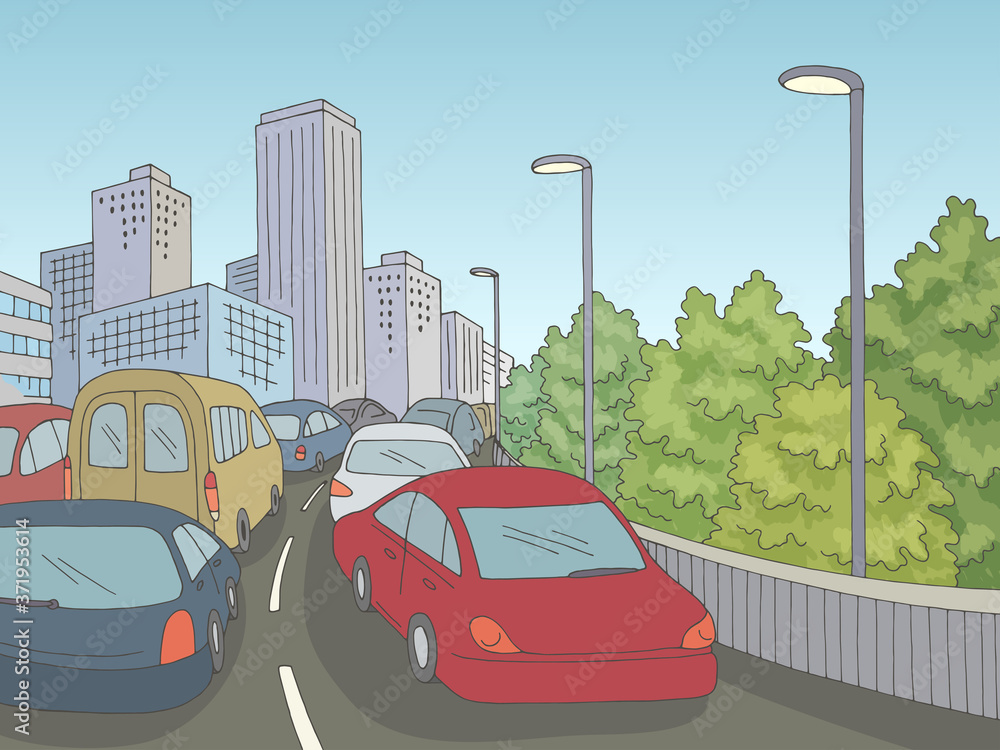 Traffic jam street road graphic color city landscape sketch illustration vector