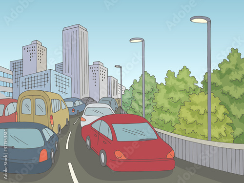 Traffic jam street road graphic color city landscape sketch illustration vector