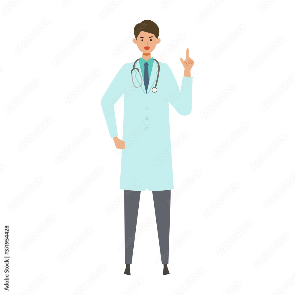 Standing doctor man in lab coat. Smiling, pointing. Standing doctor man in lab coat. Smiling, pointing.