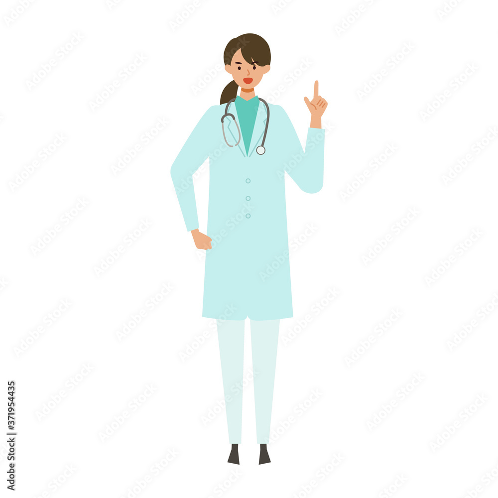 Standing doctor woman in lab coat. Smiling, pointing. Standing doctor woman in lab coat. Smiling, pointing.