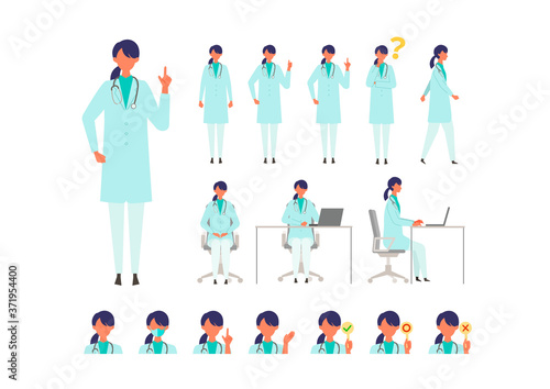 Set of doctor woman in lab coat in different poses. Working, standing, pointing and sitting.