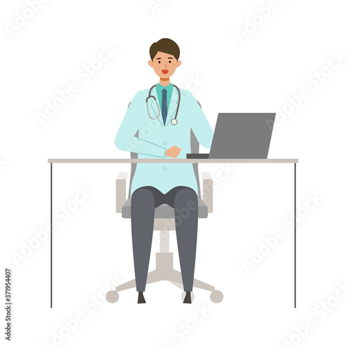 Sitting doctor man in lab coat. Smiling, talking.