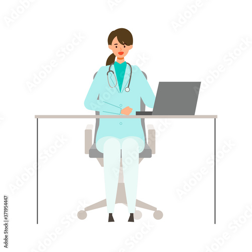 Sitting doctor woman in lab coat. Smiling, talking.