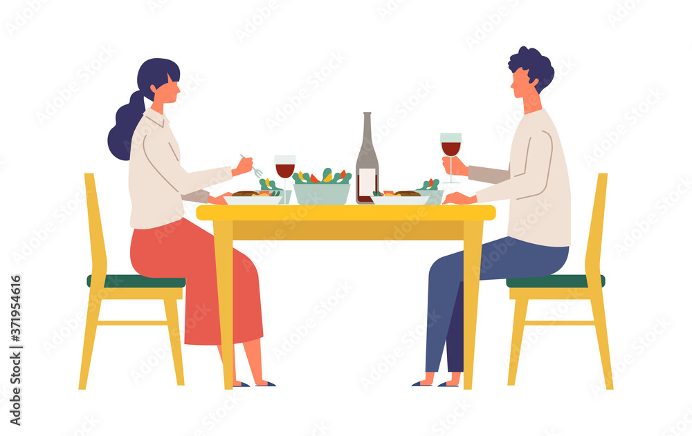 Vector illustration of a couple eating dinner together. People doing housework.