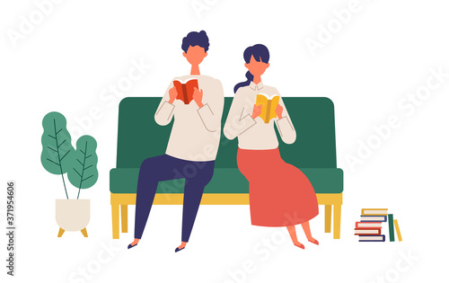 Vector illustration of a couple reading books. Man and woman have a relaxing day off.