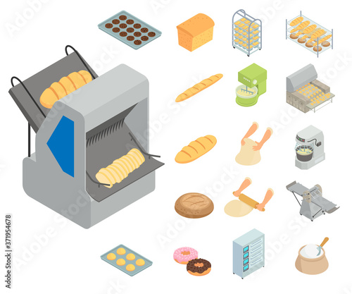 Bakery factory icons set. Isometric set of bakery factory vector icons for web design isolated on white background