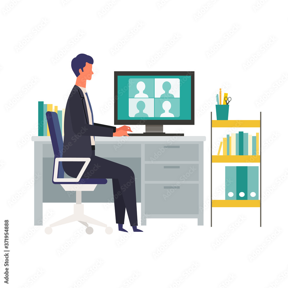 Video conferencing man at home office. Teleconference via monitor. Video conferencing man at home office. Teleconference via monitor.