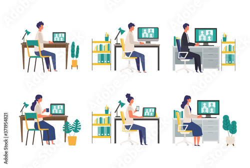 Various people video conferencing at home office. Teleconference via monitor.