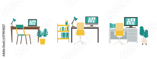 Video conferencing at home office. Teleconference via monitor.