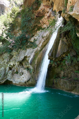 La Calavera waterfall on the Borosa river. Sierra de Cazorla, Segura and Las Villas Natural Park. Jaen. Andalusia. Spain