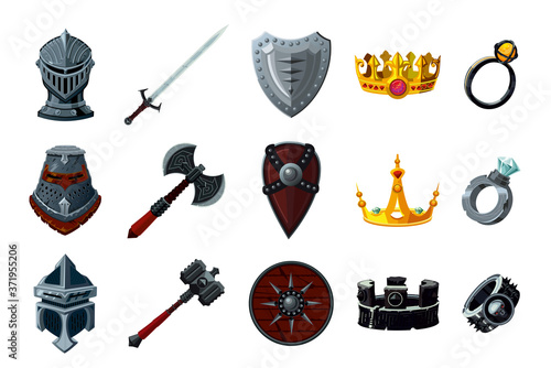 Game asset pack. Fantasy icon set with magic items. User interface design elements. Cartoon vector illustration.