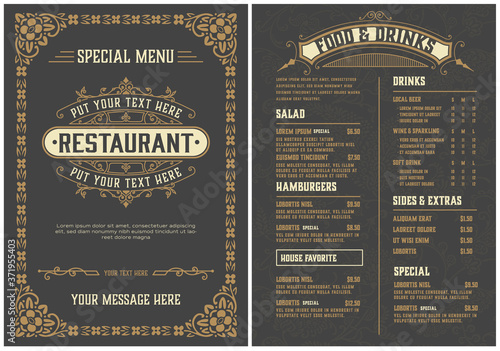 Restaurant menu template. Vintage style. Vector layered