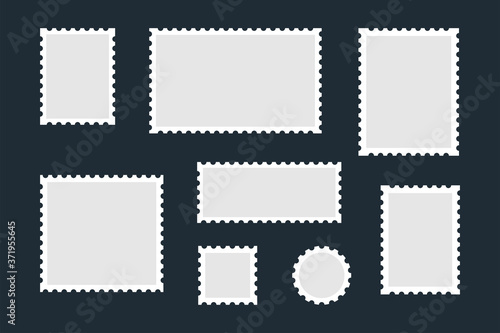 Postage stamps set. Postmarks with perforated edges. Mail stamp template. Frame. Vector collection.