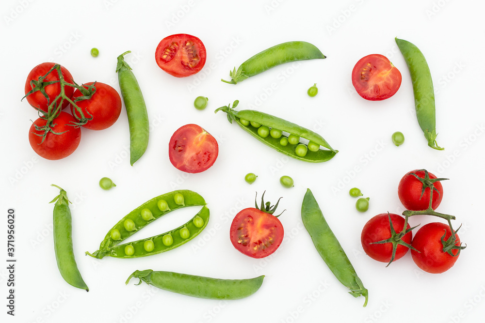 custom made wallpaper toronto digitalRed cherry tomatoes and green peas on white wooden table. Fresh summer vegetables for food concept, top view, flat lay, banner