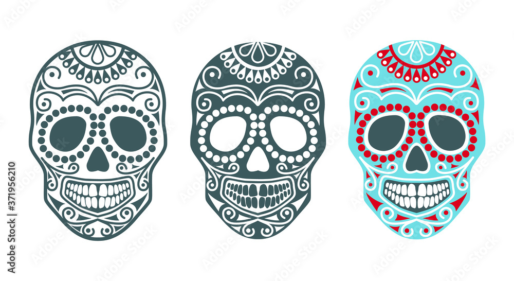 Set of sugar skulls for the day of the dead or halloween. Vector silhouettes of human skulls with patterns. Templates and stencils for the festive decor or tatoo . Skull head traditional mexican symbo