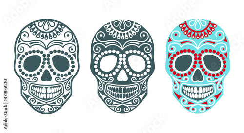 Set of sugar skulls for the day of the dead or halloween. Vector silhouettes of human skulls with patterns. Templates and stencils for the festive decor or tatoo . Skull head traditional mexican symbo