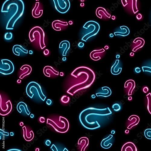 Neon question mark seamless pattern with pink and blue icons on black background.  Quiz, interrogation, problem, faq concept. Night signboard style. Vector 10 EPS illustration.