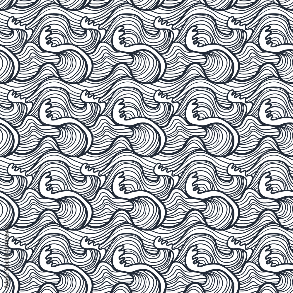 Seamless pattern with storm waves. Design for backdrops and colouring book with sea, rivers or water texture. Repeating texture. Figure for textiles.