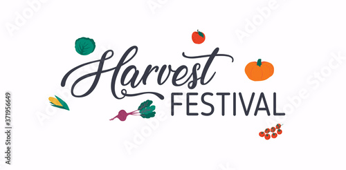 Hand sketched autumn lettering Harvest Festival with autumn harvest symbols. Harvest fest poster design.