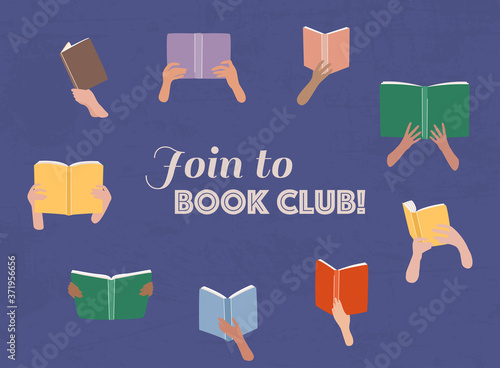 Vector cartoon illustration of Reading club. Open books in hands.
