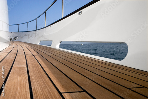Luxury Motorboat. Boating. Turkey. Mediterranean Sea. Wooden deck. Chrome railing. © A