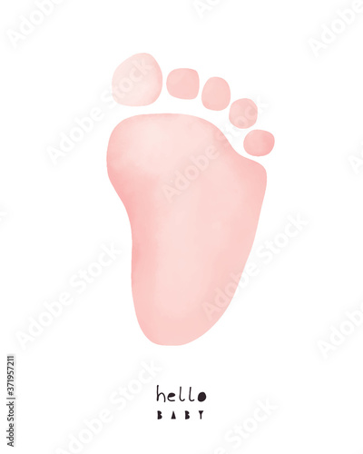 Baby Shower Vector Card. Pink Baby Footprint Isolated on a White Background. Hello Baby. Cute Baby Girl Party Invitation. Watercolor Style Art.