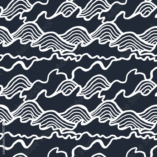 Seamless pattern with black waves. Design for backdrops and colouring book with sea, rivers or water texture. Repeating texture. Figure for textiles. Print for the cover of the book, postcards. © Dzianis
