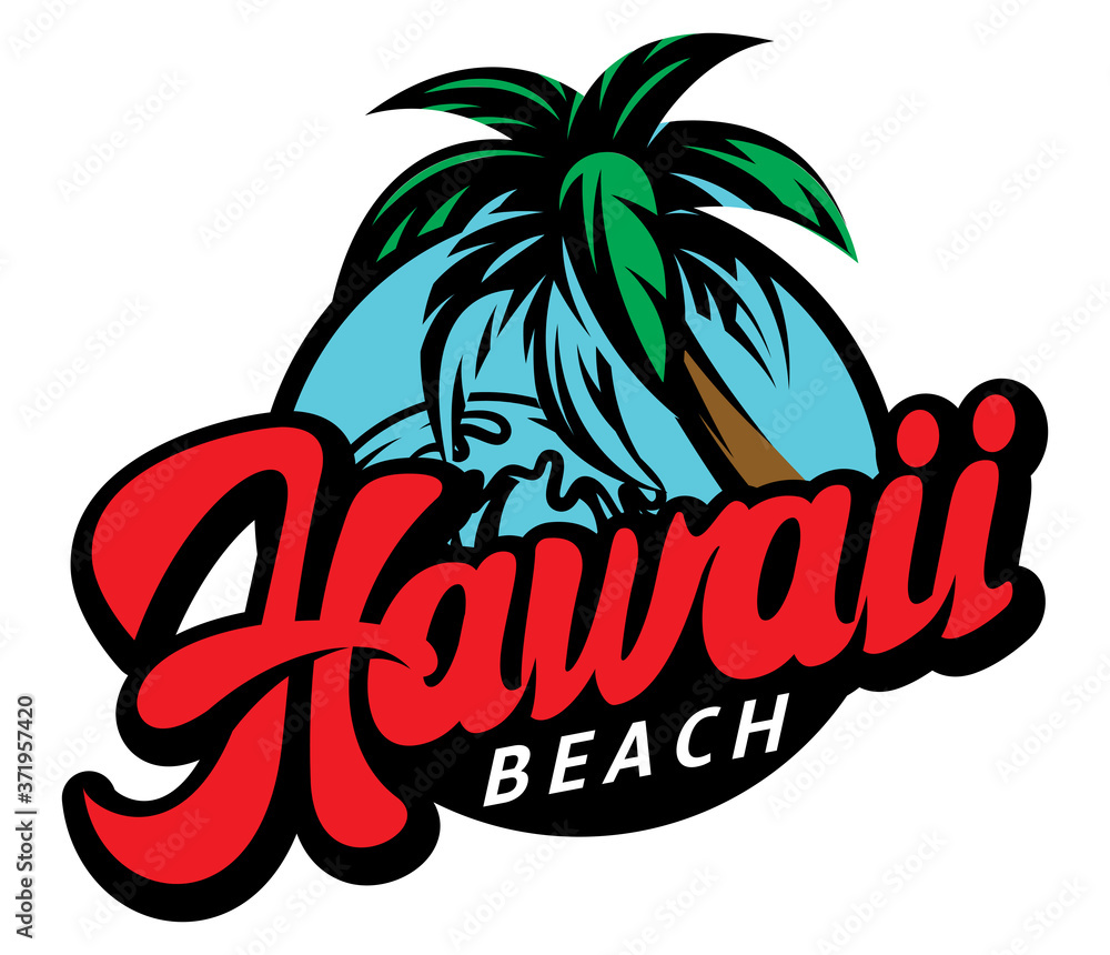 Calligraphic inscription Hawaii on background of palm trees and waves. Colored vector illustration