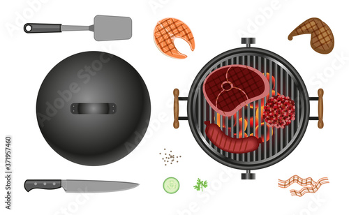 Vector set. Barbecue tools and ingredients. Top view. Charcoal barbecue grill.  (View from above)