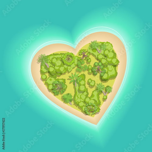 Paradise Island in the form of a valentine heart. (top view) Summer time. A romantic vacation on the island in the sea. (View from above)