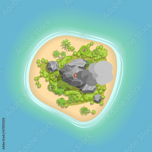 Tropical island with a volcano. Top view.
