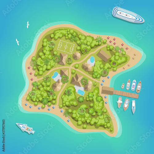 Island top view. Summer vacation. Time to travel - sun, sea, island, sand, yacht, palm. (View from above)