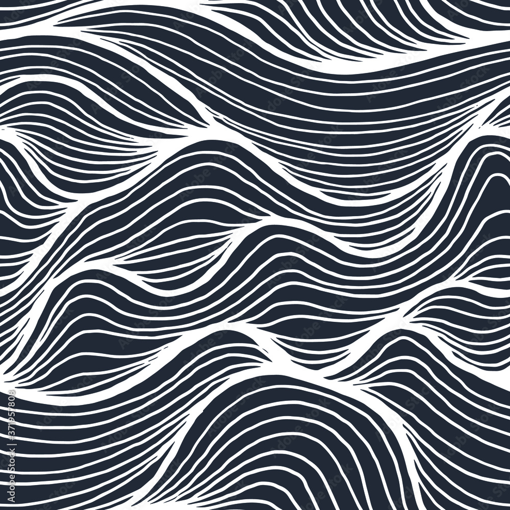 Seamless pattern with black noise linear waves. Design for backdrops and colouring book with sea, rivers or water texture. Repeating texture. Figure for textiles.