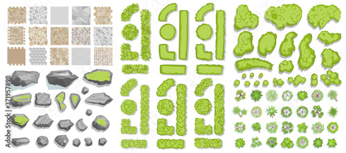 Set of park elements. (Top view) Collection for landscape design, plan, maps. (View from above) Paths, stones, green fences, bushes and trees.