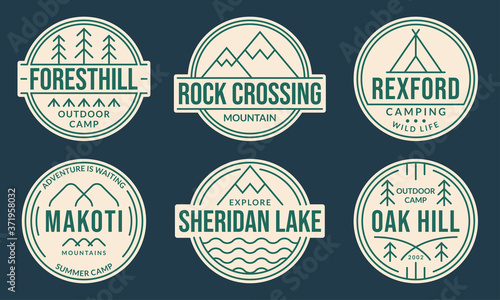 Camp badge set. Camping logos with forest, mountain, lake or river and tourist tent. Outdoor emblems. Trekking or hiking and climbing design elements. Vector illustration.