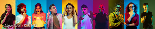 Collage of portraits of 10 young emotional people on multicolored background in neon light. Concept of human emotions, facial expression, sales. Smiling, cheering, crazy happy, shocked, pointing