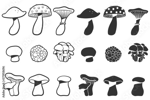 Mushrooms black silhouettes vector cartoon set isolated on a white background.