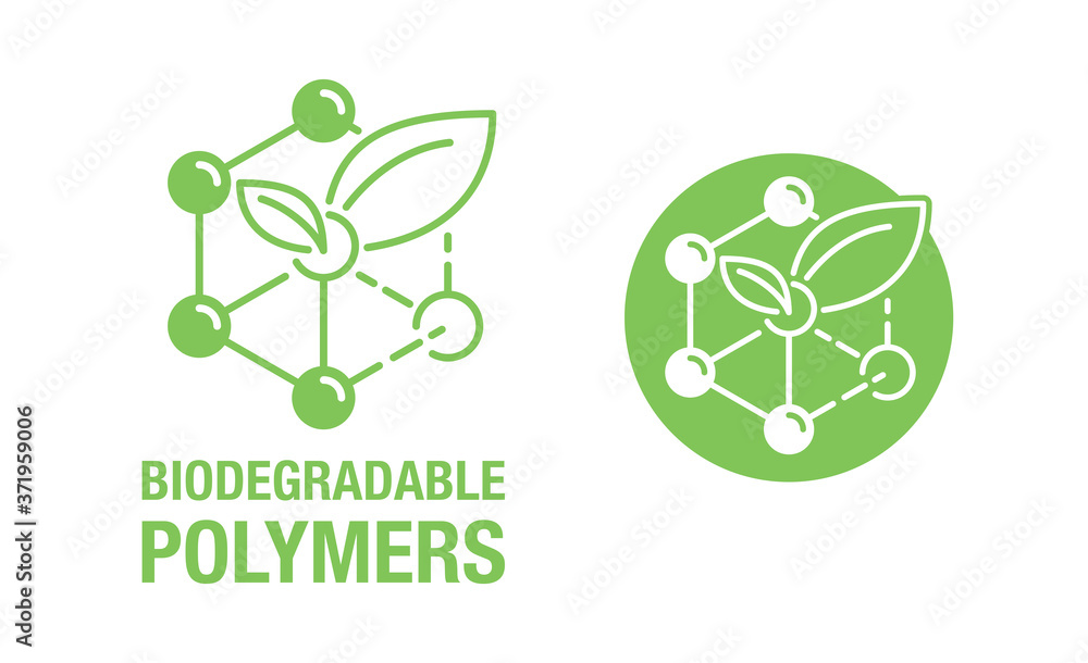 Biodegradable polymers icon green emblem with plastic polymer